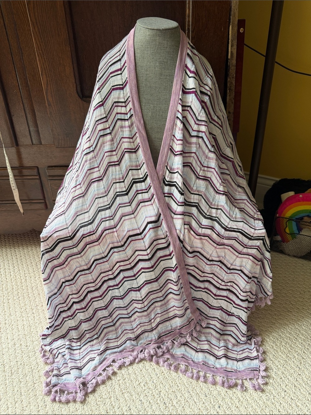 Striped Lilac White Baby Blue Chevron Print Tassel Bottom Pashmina